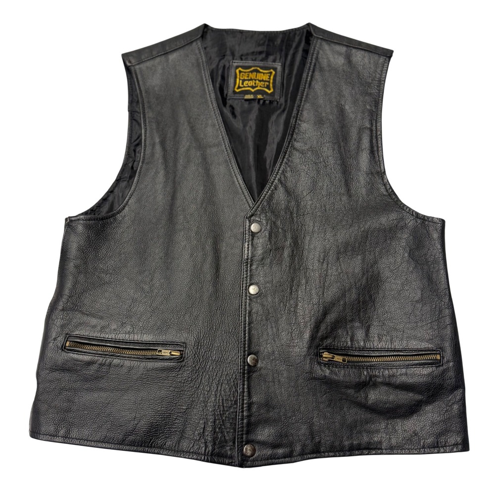 Leather Biker Vest Mens XL Black Snap Front Motorcycle Waistcoat Pockets Biker
